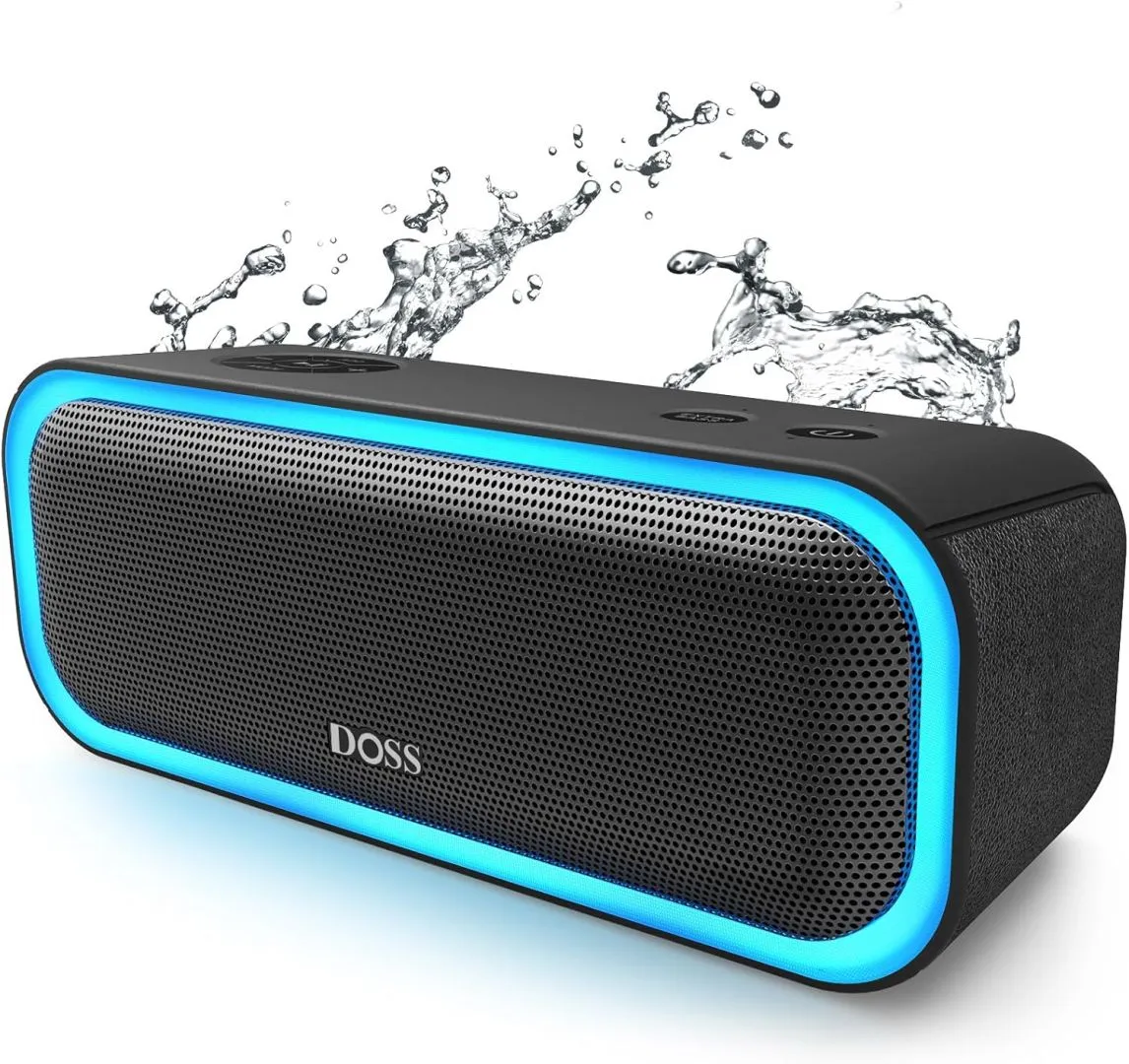 DOSS SoundBox Pro Bluetooth Speaker with 20W Stereo Sound, Active Extra Bass, IPX6 Waterproof, TWS Pairing, Multi-Colors Lights, 20H Playtime, Portable for Beach, Outdoor-Black