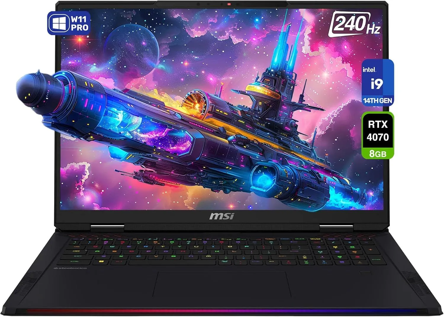 MSI Raider 18 HX Gaming Laptop, Intel i9-14900HX, 64 GB DDR5 RAM, 2 TB PCle SSD, 18" QHD+ (2560 X 1600) 240Hz Display, Nvidia G-Force RTX 4070, RGB Backlit Keyboard, W11 Pro, Black
