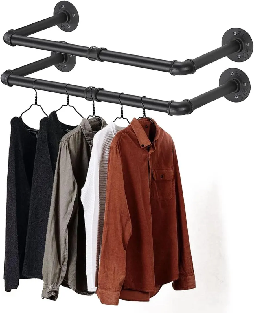 36" 2 Base Pipe Clothes Racks Heavy Duty Industrial, DIY Floating Hanger Rustic Home Pipe Decor Multifunctional Wall Mounted Garment Rack For Cloackrooms Bathroom Black Iron – 2 Pcs Hardware