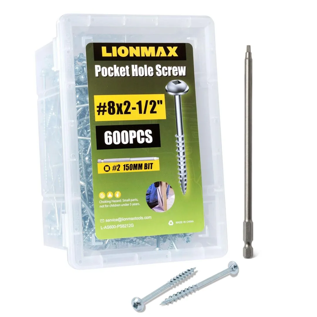 LIONMAX Pocket Hole Screws 2-1/2 Inch, 600 PCS Interior Pocket Screw #8 x 2-1/2", Coarse Thread, Square Drive, Washer Head, Zinc Plated Pocket Hole Screws, 150MM Drive Bit Included