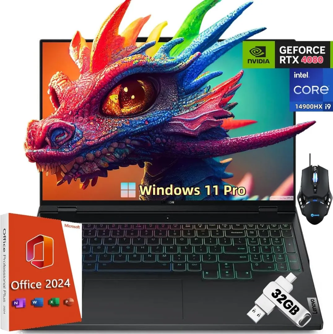 Lenovo Legion Pro 7i Gen 9 Gaming Laptop, Intel i9-14900HX, GeForce RTX 4080 12GB, 16" IPS QHD+ 240Hz Display, 64 GB DDR5 RAM, 2 TB SSD, with Win 11 Pro, Office 2024 Lifetime License, Mouse & 32GB UFD