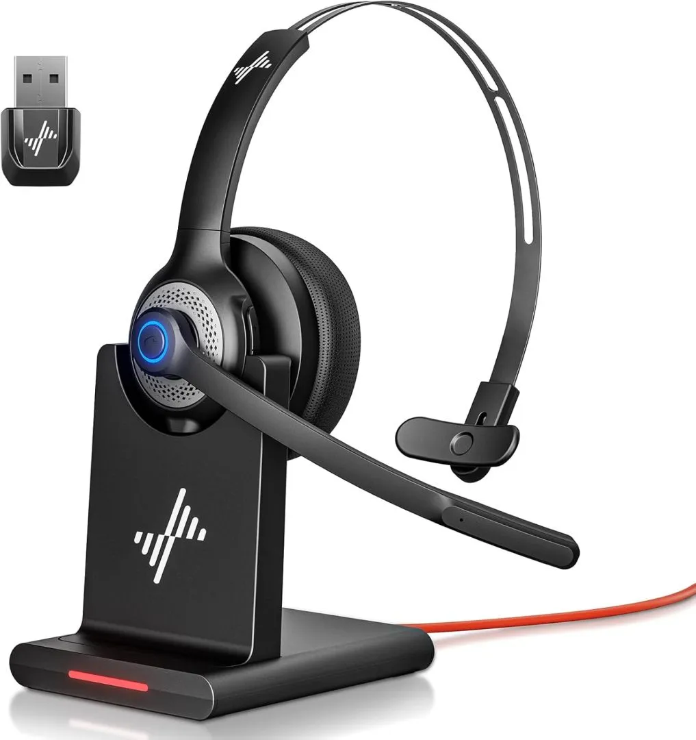 Bluetooth Headset - Wireless Headset with Noise Cancelling Microphone, V5.2 Computer Headphones with USB Dongle, Charging Base & Mic Mute for Work/Call Center/PC/Laptop/Online Class/Zoom