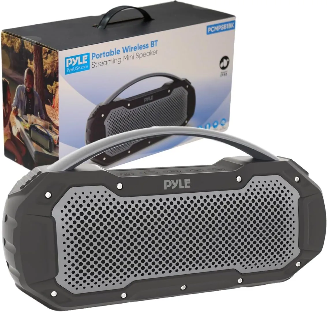 Pyle Portable Wireless Bluetooth Loud Streaming Speaker w/Deep Bass Hands-Free Microphone w/TWS Stereo Sound Function - IPX6 Waterproof Outdoor Speaker, 8H Playtime, AUX, BT Range 32+ ft - PCMPSB1BK